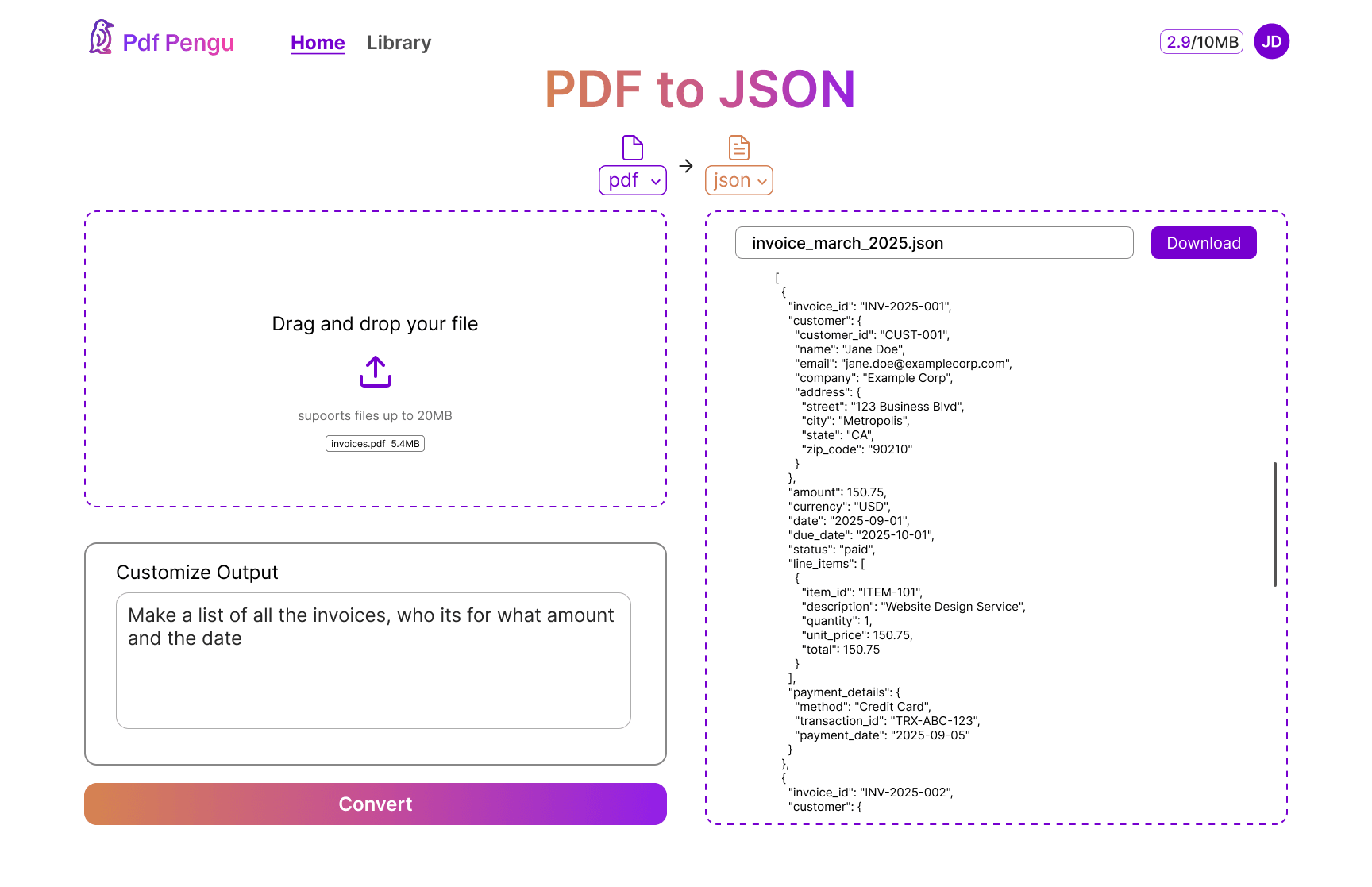 PDF Penguin: a dropped PDF on the left, the plain-words request below it, and the clean JSON it returns on the right.