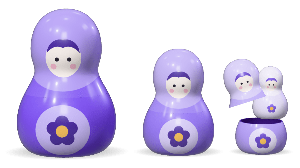 Four lacquered purple matryoshka dolls opening: the third has lifted its lid and the littlest is rising out of it.